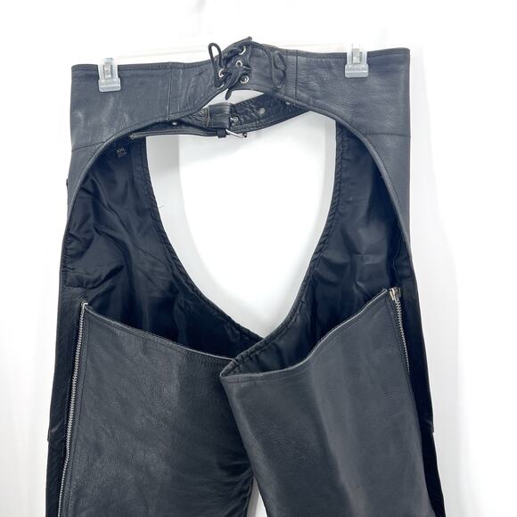 Vintage Zip & Snap Leg Black Genuine Leather Motorcycle Chaps USA Mens XXL - Picture 7 of 9